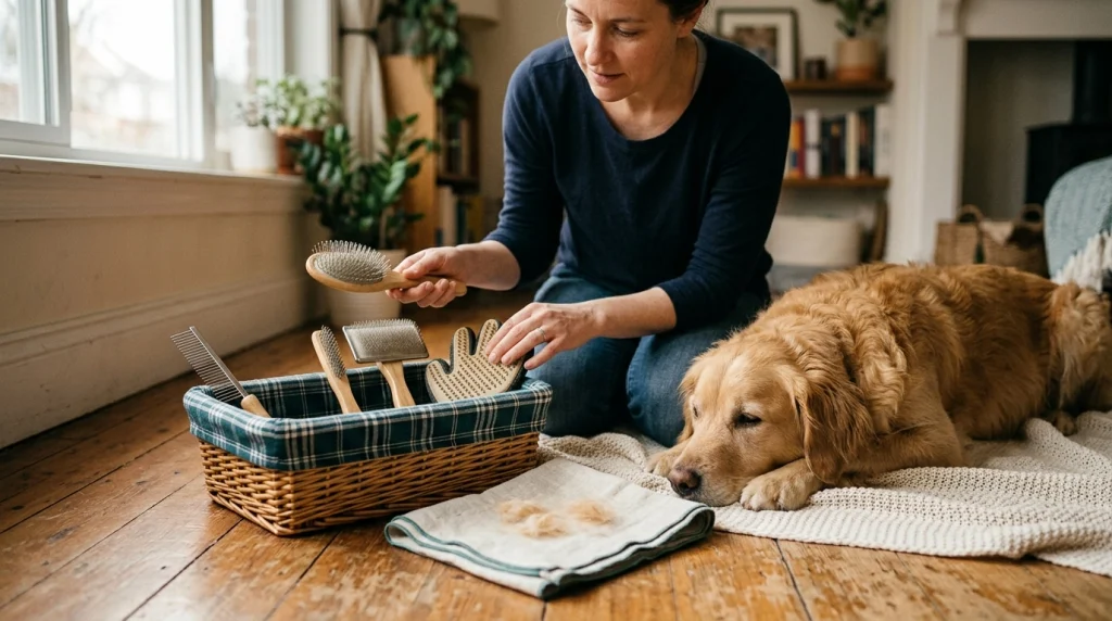 Dog grooming basket with brush, glove, rake and comb for different coat needs