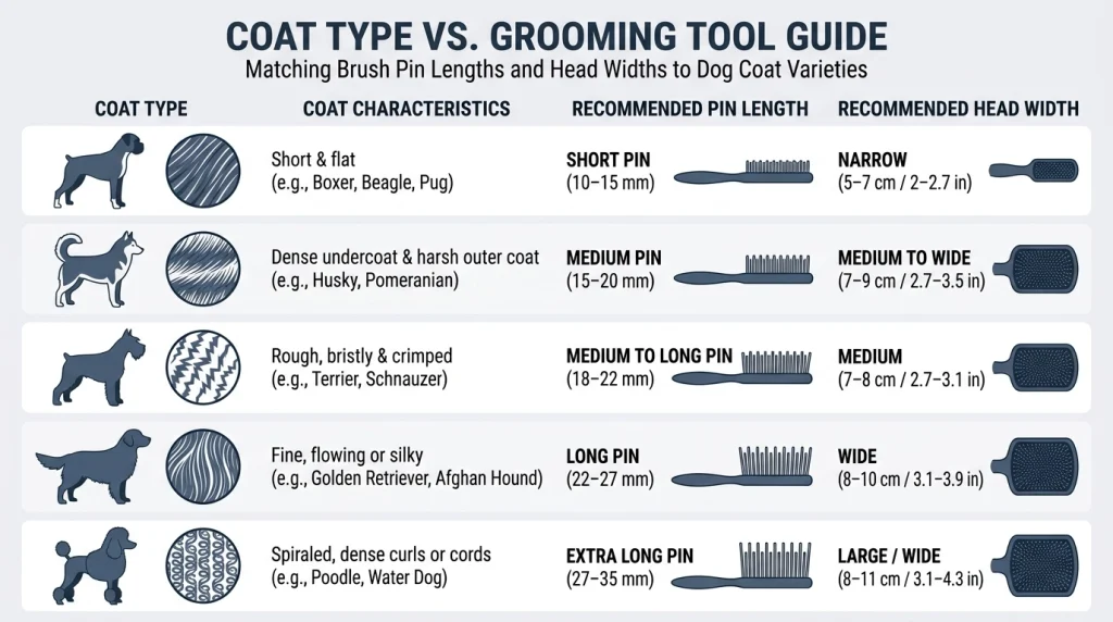Flat design comparison table matching dog coat types with ideal brush pin lengths.
