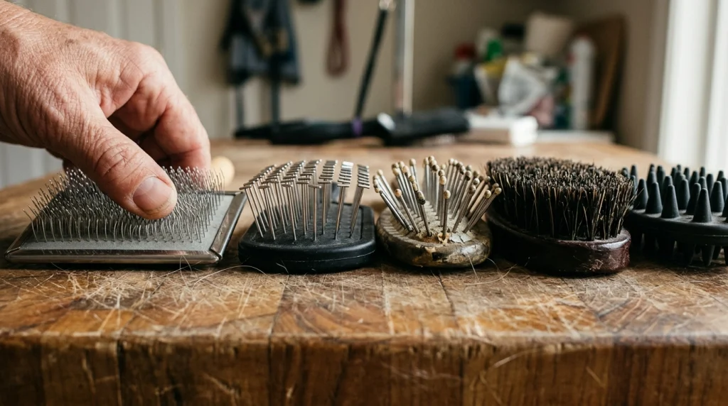 Close-up comparison of five dog brush pin types demonstrating how dog brush design affects grooming comfort
