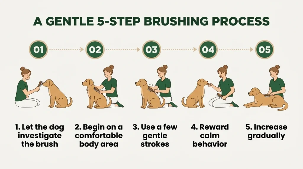 Five-step infographic showing how to introduce a dog to regular brushing