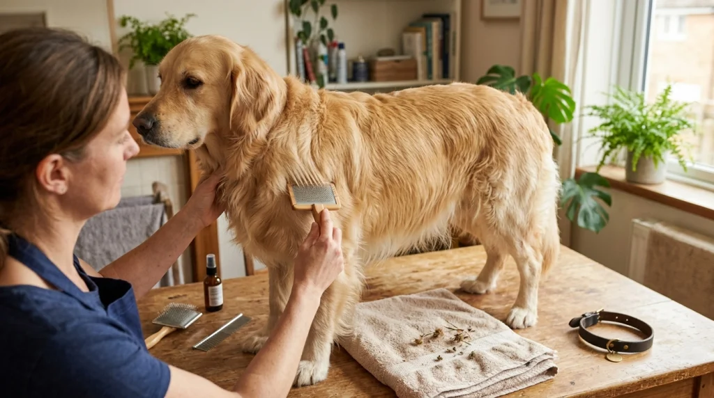 Owner line-brushes a long dog coat and prepares a metal comb for mat prevention