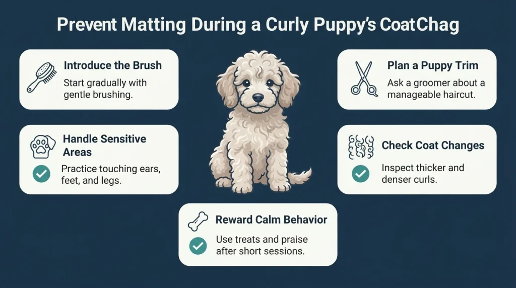 Five-step puppy grooming infographic showing how to prevent mats in curly dog hair during coat changes.