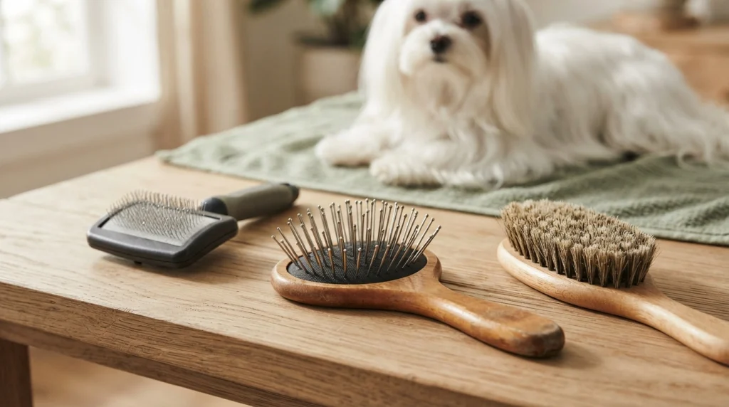 Oval pin brush, self-cleaning slicker, and boar-bristle brush arranged for gentle fine dog hair grooming.