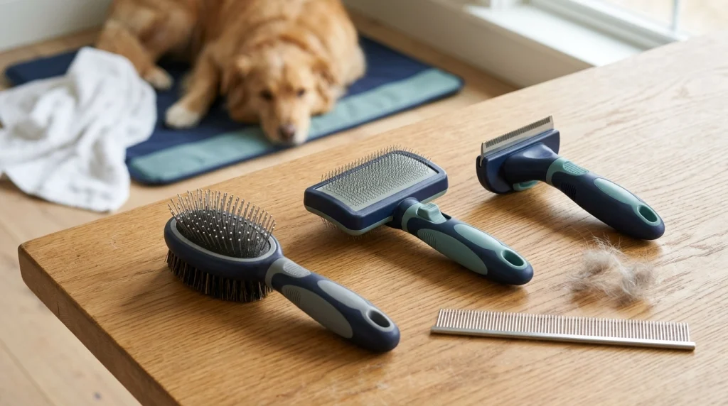 Three dog grooming tools representing double-sided brushing, slicker grooming, and undercoat removal.