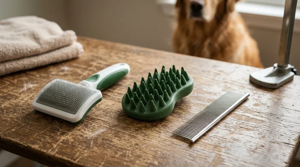 KONG ZoomGroom, metal slicker brush, and steel dog grooming comb arranged together.