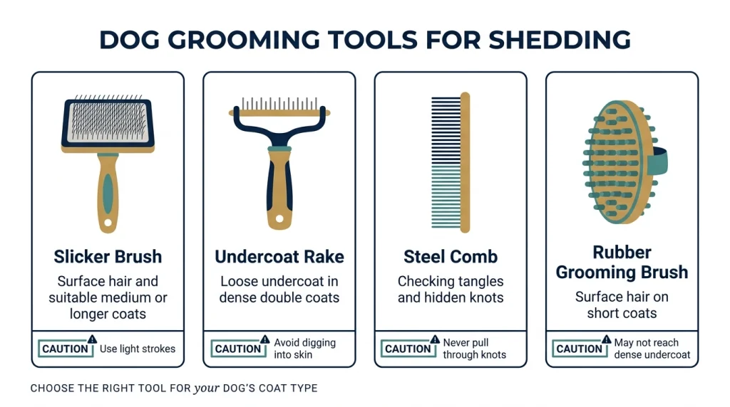 Dog brush comparison infographic showing a slicker brush, undercoat rake, steel comb, and rubber brush.