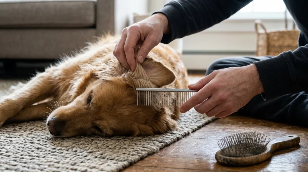Owner checking a long-haired dog's coat for hidden tangles during regular brushing