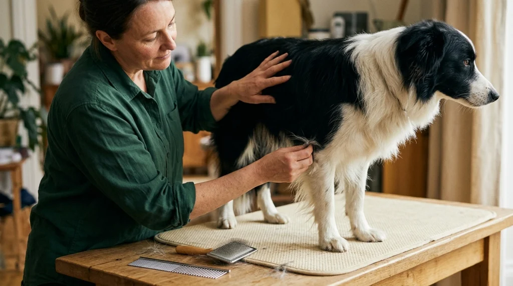 Owner gently assessing a small tangle in a Border Collie's feathered double coat.