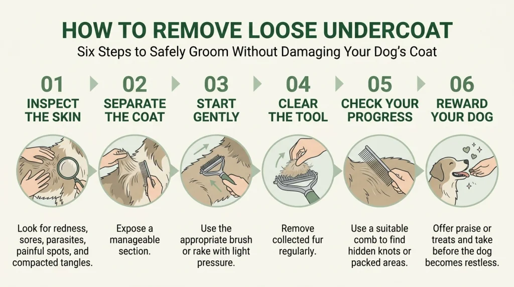 Six-step undercoat grooming infographic showing skin inspection, gentle brushing, combing, and rewards.