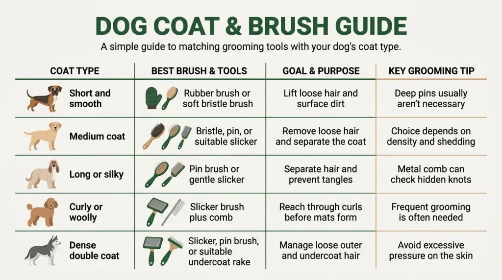 Infographic comparing the right dog brush for short, long, curly, and double coats