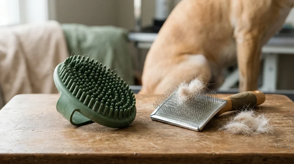 Close-up comparison of rubber and metal dog grooming tools on a wooden grooming table.