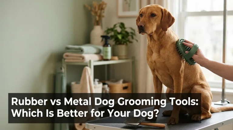 Rubber and metal dog grooming tools beside a golden-brown dog during grooming.