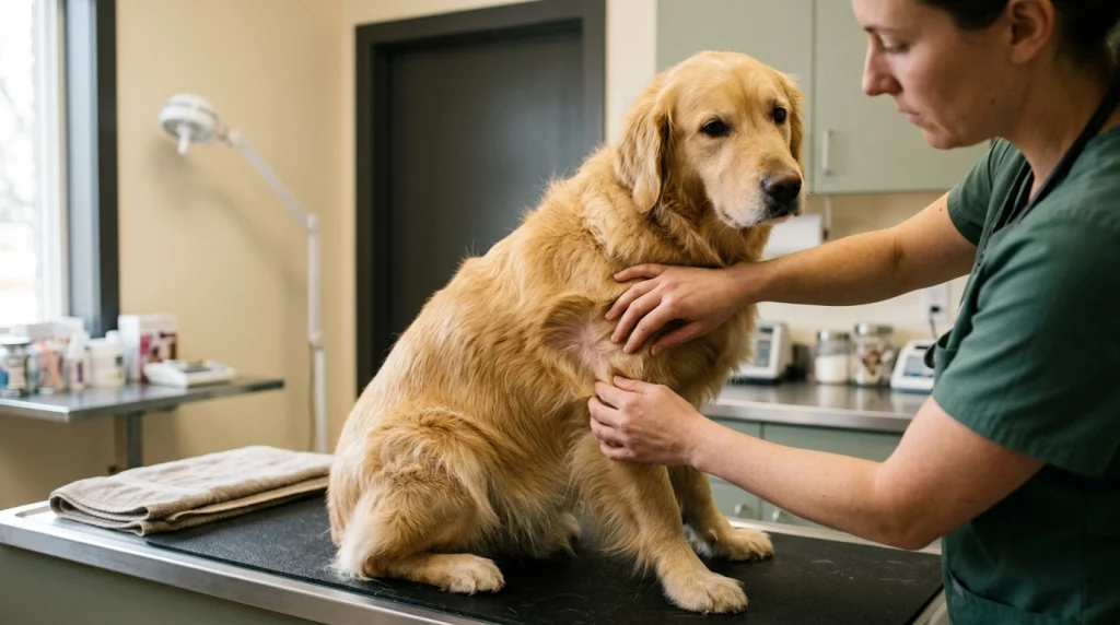 Veterinarian examining a Golden Retriever's coat and skin for signs of abnormal shedding.