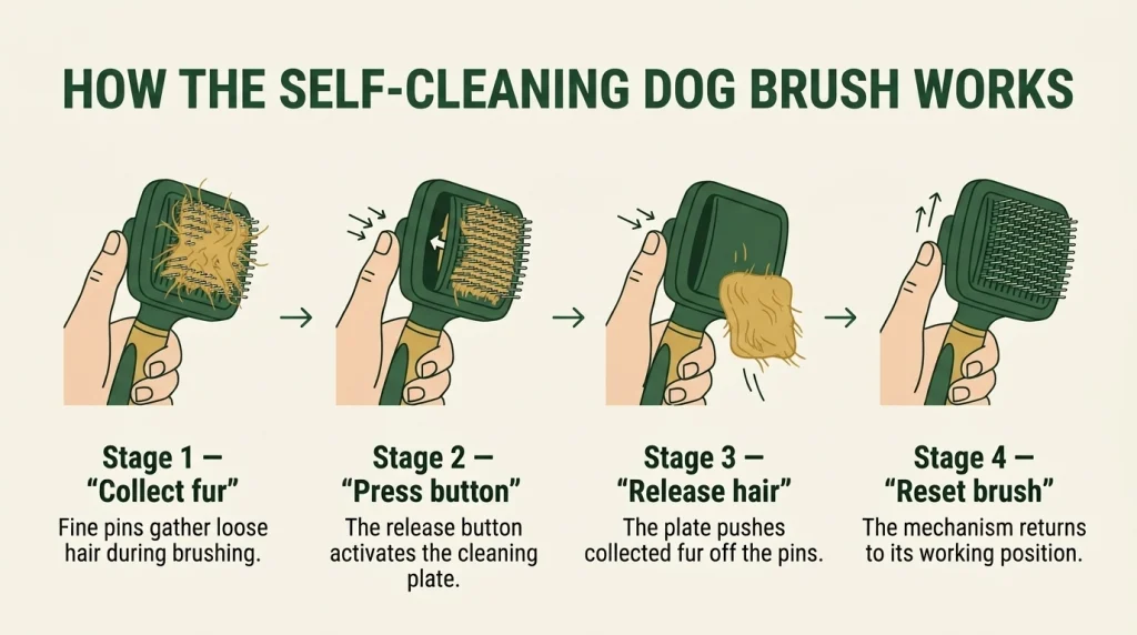 Four-step self-cleaning dog brush diagram showing fur collection, button activation, hair release, and reset.