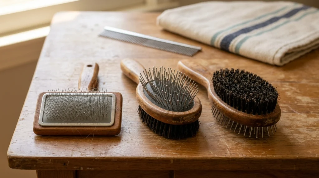 Single-sided slicker and double-sided pin-and-bristle dog brushes compared on a wooden table.