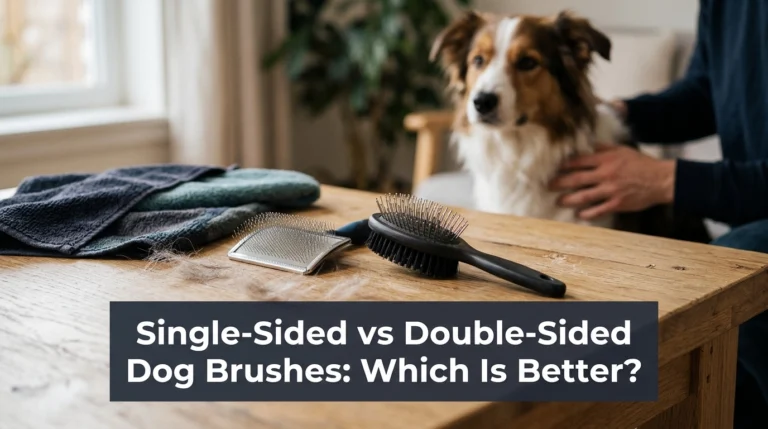 Single-sided slicker brush and double-sided dog brush beside a Border Collie.