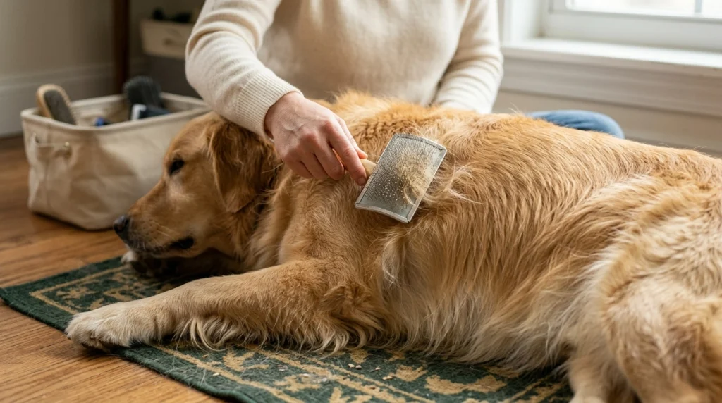 Slicker brush with fine wire pins grooming the golden outer coat of a double-coated dog.