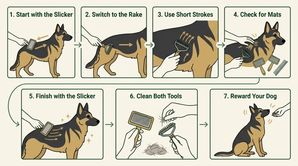 Seven-step dog grooming infographic showing slicker brushing, raking, mat checks, tool cleaning, and rewards.