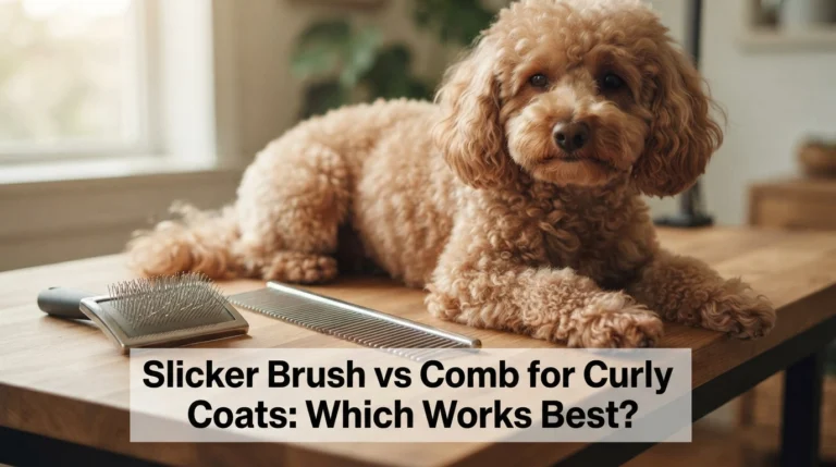 Slicker brush and steel comb beside a curly-coated Poodle, comparing tools for gentle dog grooming.