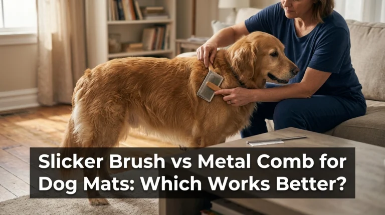 Dog grooming with slicker brush and metal comb for mats and hidden tangles