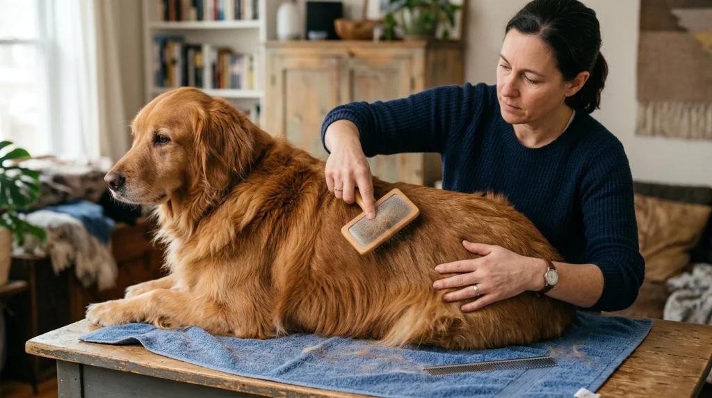  Owner uses slicker brush before checking a long dog coat with a metal comb