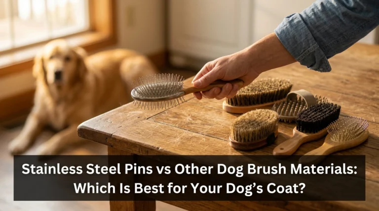 Stainless steel pins vs other dog brush materials lined up on an oak grooming table next to a Golden Retriever.