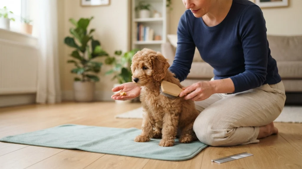 Apricot Poodle puppy learns to accept a slicker brush through gentle handling and treat-based rewards.