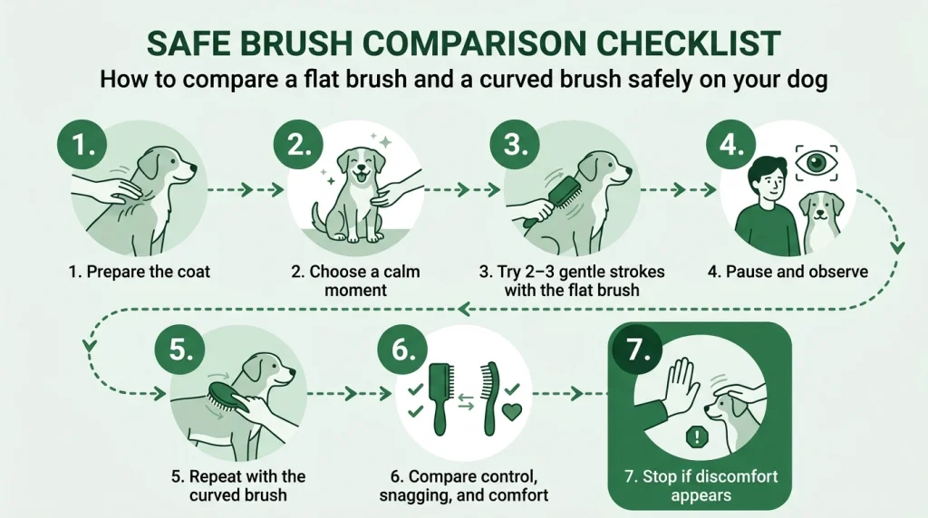 Seven-step infographic for comparing flat and curved dog brushes with gentle strokes and comfort checks.