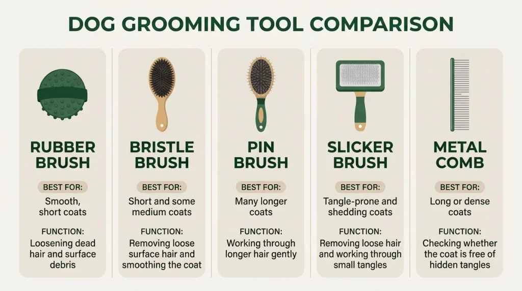 Infographic comparing rubber, bristle, pin, slicker brushes and metal combs