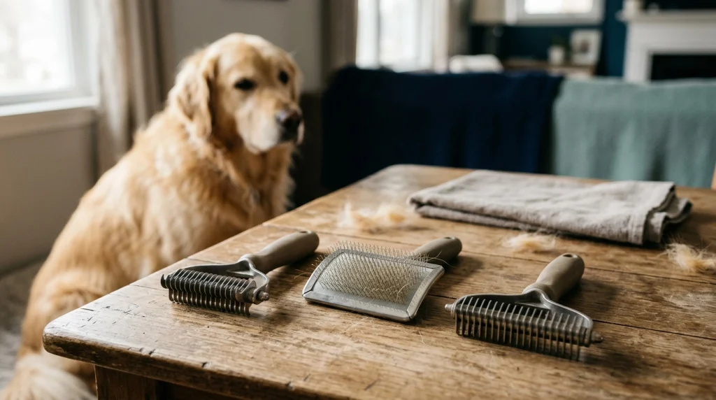 Three dog grooming tools, including undercoat rakes and a slicker brush, beside a Golden Retriever.