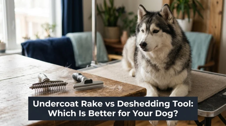 Undercoat rake and deshedding tool beside a fluffy Siberian Husky during grooming.