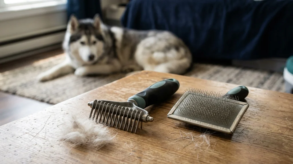 Undercoat rake with long metal teeth beside a slicker brush with closely spaced wire pins.