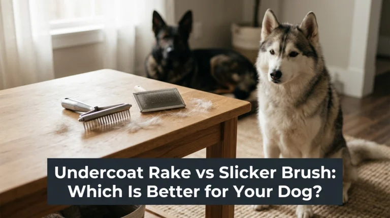Undercoat rake and slicker brush beside a fluffy Siberian Husky during home grooming.