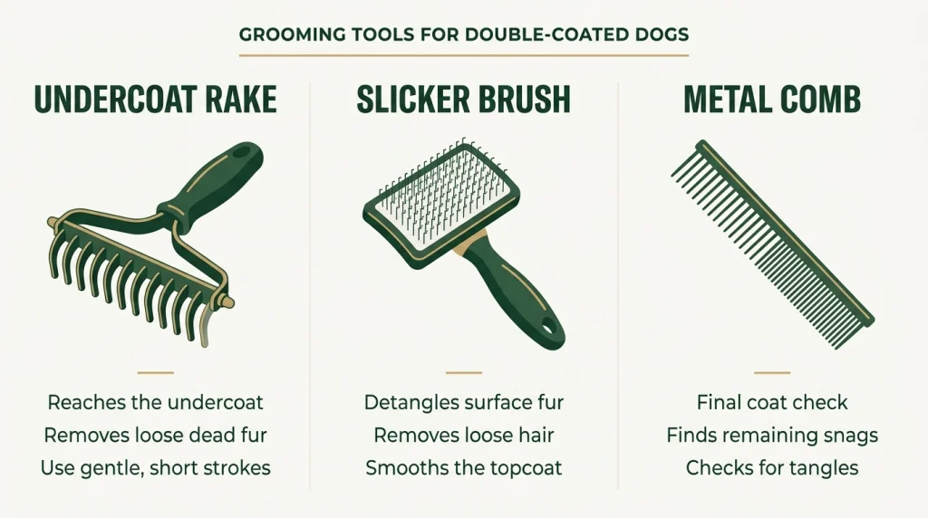 Comparison chart showing the uses of an undercoat rake, slicker brush, and metal grooming comb.