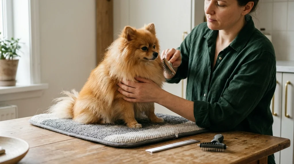 Owner gently brushing a fluffy Pomeranian to protect its coat and sensitive skin.