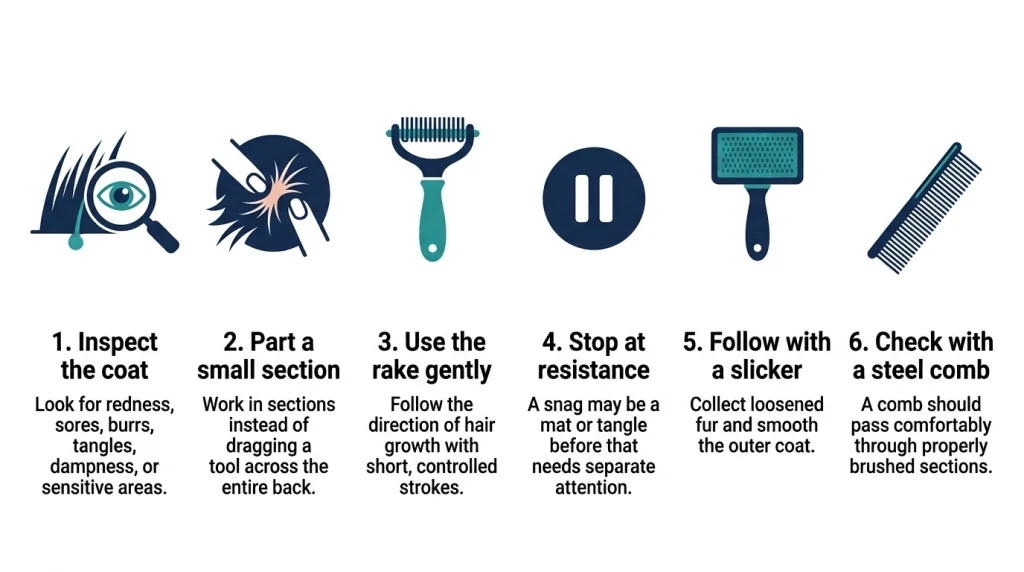 Six-step process for raking, brushing and combing a double-coated dog safely