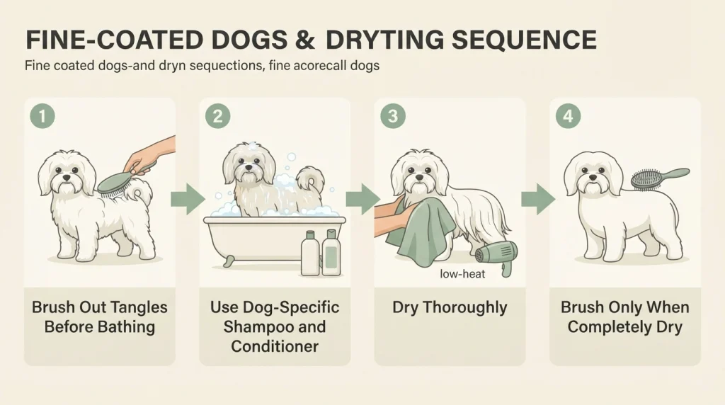 Four-stage infographic showing detangling, bathing, gentle drying, and brushing dry fine-coated dog hair.