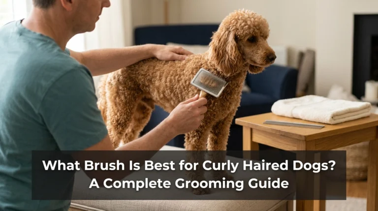 Apricot Poodle being groomed with a slicker brush, illustrating the best brush for curly haired dogs.