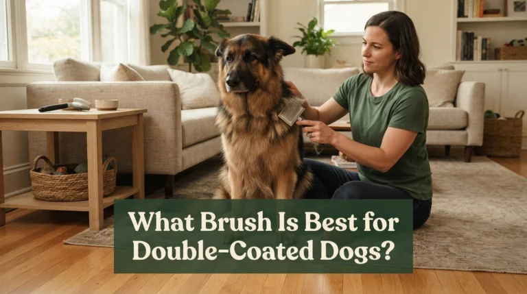 Give me the best feature image for a blog post using this topic and text. Don't add another text. Focus on this text only. Font: Use a professional font to create this image. Create a premium, photorealistic editorial photograph showing a healthy adult German Shepherd with a thick, realistic double coat being gently groomed inside a comfortable American family home. An adult dog owner wearing a muted forest-green cotton shirt is seated beside the relaxed dog, carefully brushing its shoulder with a professional slicker brush. A rounded-pin undercoat rake rests naturally on a nearby light-oak side table, clearly establishing the two-tool grooming approach described in the article. The German Shepherd's outer guard hairs and dense, fluffy undercoat should appear naturally textured, with a few loose tufts of undercoat visible near the grooming area. The dog looks comfortable and cooperative, with relaxed ears and a calm expression. Use a warm ivory wall, textured linen furnishings, subtle muted-gold sunlight, natural wood grain, and realistic everyday details. Soft afternoon window light enters from the left, creating cinematic highlights across the dog's fur. Compose the image with the dog and grooming action in the upper and middle portions, preserving generous uncluttered space toward the bottom. Use a premium magazine aesthetic with realistic color grading, gentle shadows, subtle imperfections, natural asymmetry, and a candid lived-in atmosphere. Professional DSLR photography, 85mm lens, f/1.8 aperture look, eye-level camera angle, shallow depth of field, natural background bokeh, high detail in individual fur strands. Include the article title with a clean semi-transparent dark rectangular text box in the lower third of the image, displaying the exact text: "What Brush Is Best for Double-Coated Dogs?", bold professional sans-serif font, strong contrast and high readability, no other text, logo, or graphic elements on the image. Use warm ivory lettering over the dark forest-green rectangle. Avoid: distorted or extra fingers/hands, warped faces, anatomically incorrect dogs, unrealistic grooming tools, garbled or fake text/letters anywhere in the image, watermarks, logos, borders, plastic-looking skin, over-smoothed AI texture, generic stock-photo clichés, oversaturated colors, cluttered composition. Provide in three sizes: widescreen 16:9 (1920x1080px, primary/main use), square 1:1 (1080x1080px), vertical 9:16 (1080x1920px).