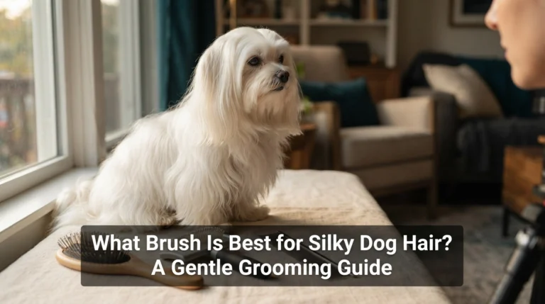 Maltese dog with silky white hair beside a pin brush, slicker brush, and comb in a sunlit home.