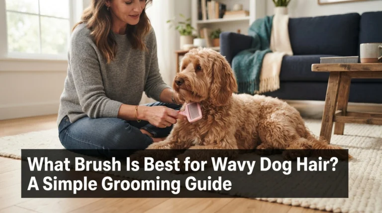 Owner gently grooming an apricot wavy-haired dog with a slicker brush and metal comb at home.