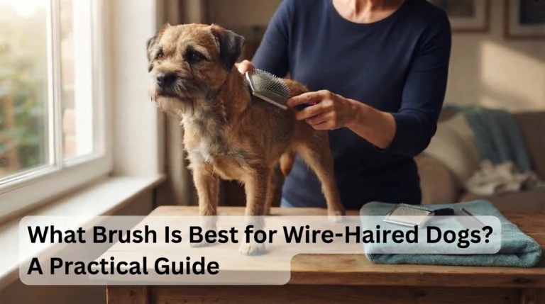 Wire-haired Border Terrier with pin brush, slicker brush, and steel comb for gentle coat grooming.
