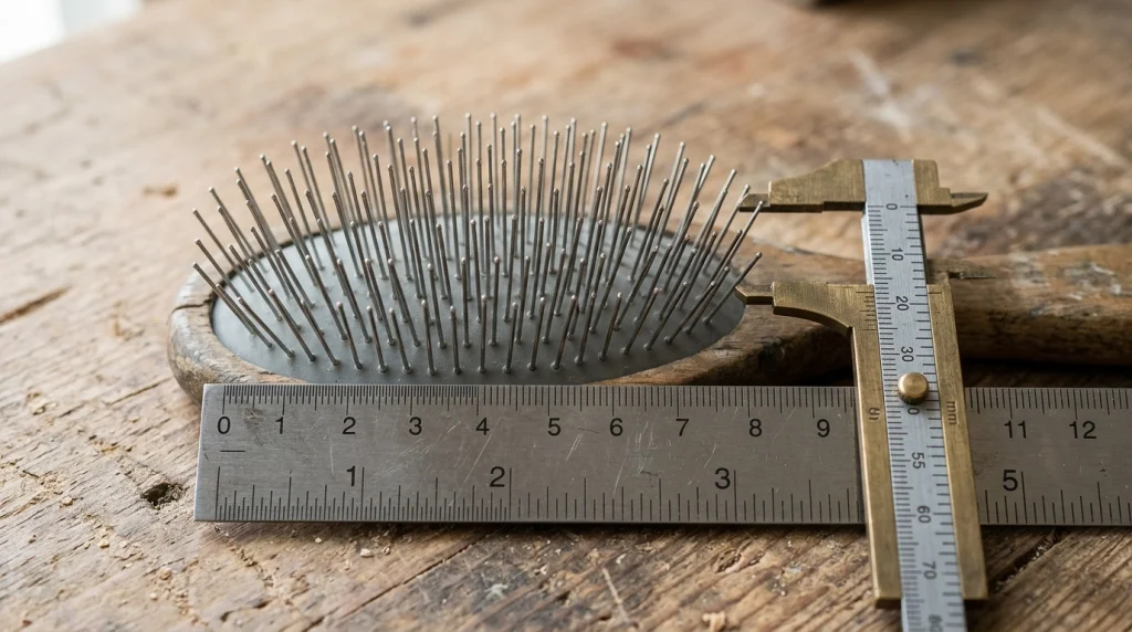 Close-up of a dog grooming brush measuring pin length and pad width on a workbench.