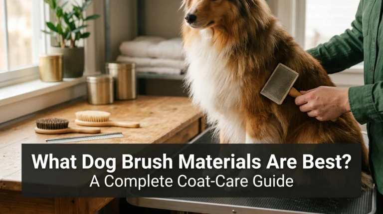 Dog brush materials including a metal slicker brush, rubber brush, bristle brush, and grooming comb.