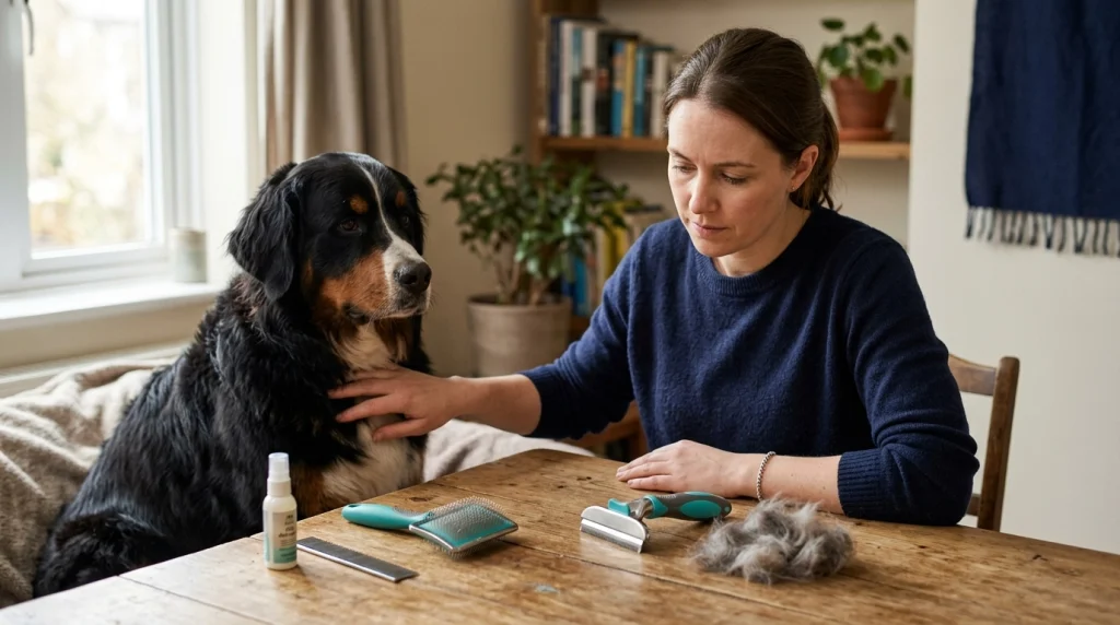 Dog owner choosing Dog Brush vs De-Shedding Tool for routine grooming or loose undercoat