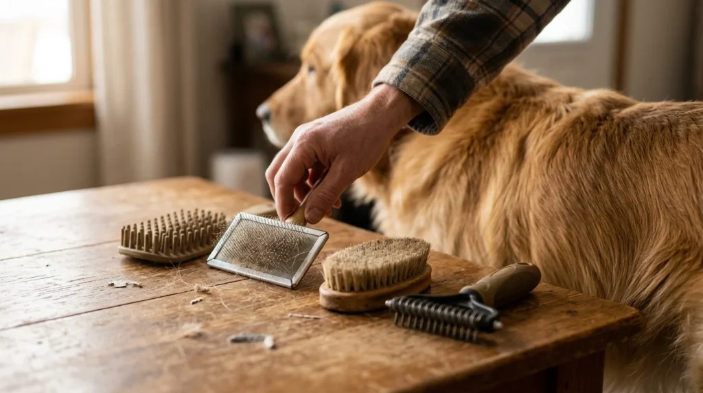 Several dog brush types beside a dog during a home grooming session
