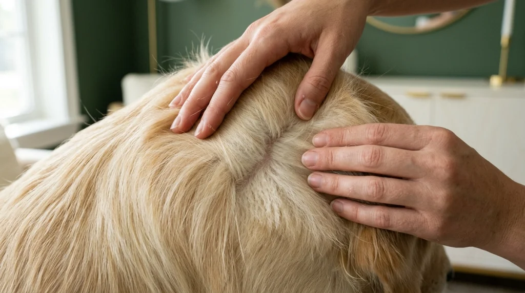 Close-up of a Golden Retriever's double coat showing long guard hairs above the soft, dense undercoat.
