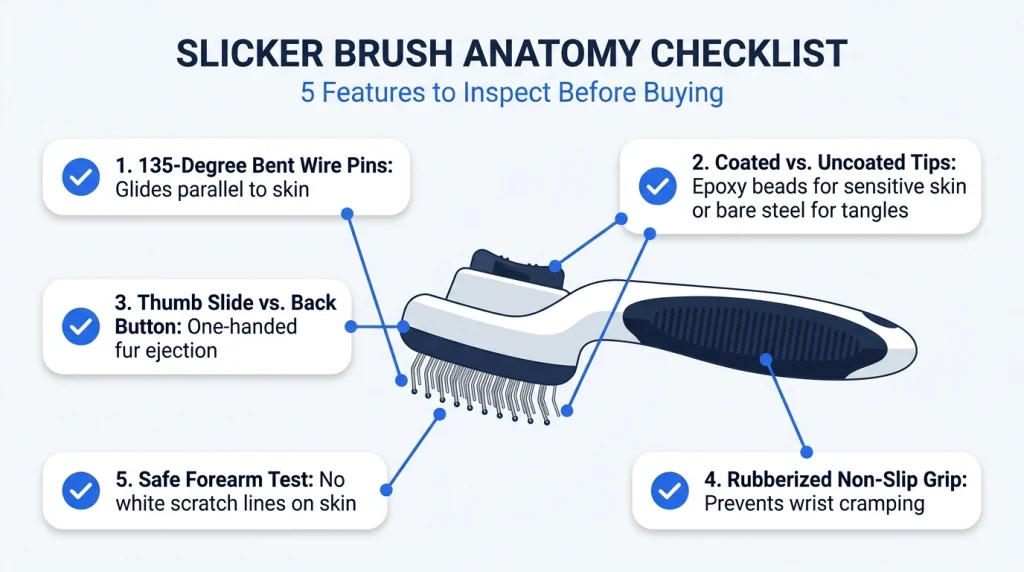 Infographic diagram of a self-cleaning dog brush showing 135-degree pins, comfort tips, and grip