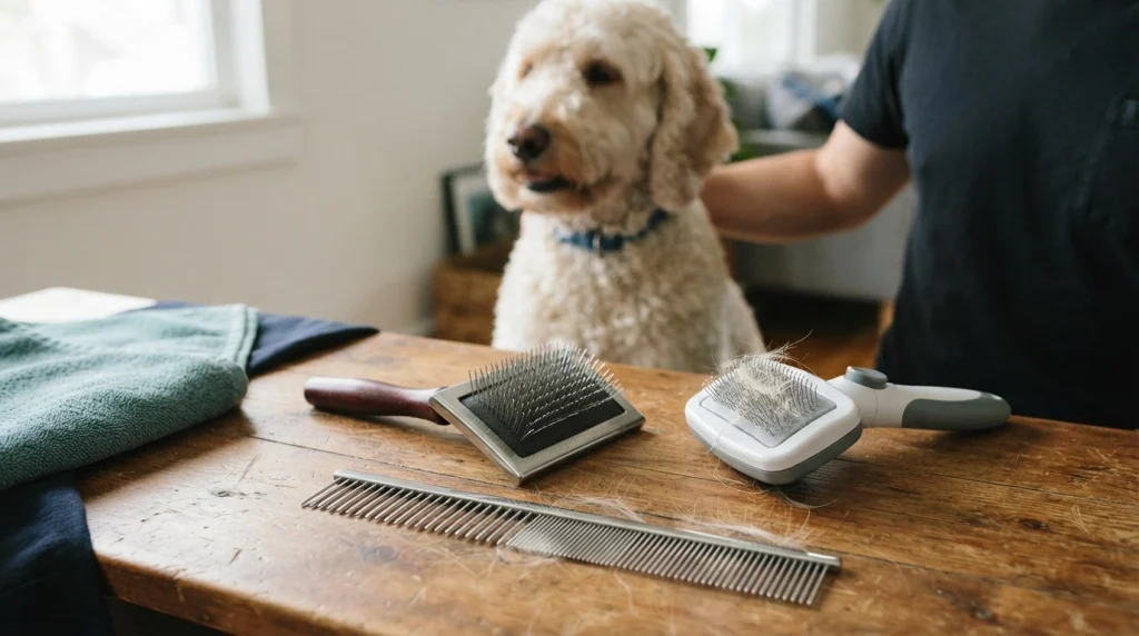 Two slicker brushes and a stainless-steel comb arranged beside a curly-coated Goldendoodle.