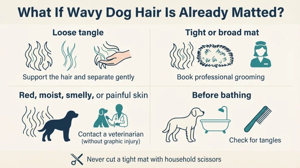 Safety infographic comparing loose tangles, tight mats, painful skin, and pre-bath checks for wavy dog hair.